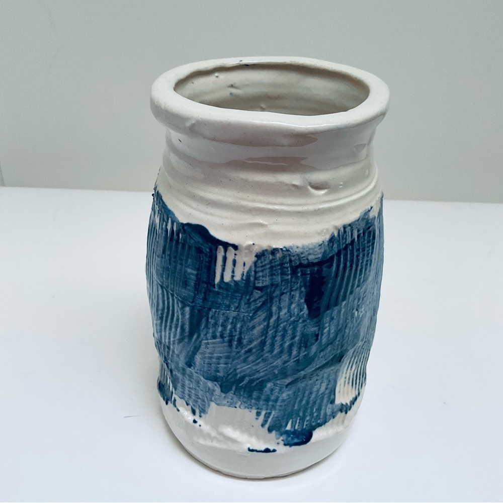 Handmade ceramic pottery blue and white vase signed by artist